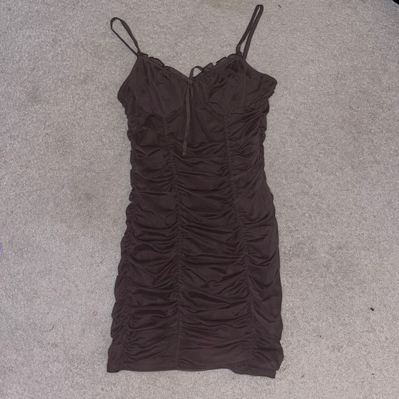 Chocolate Brown Ruched Mini Dress - Picture 1 of 3